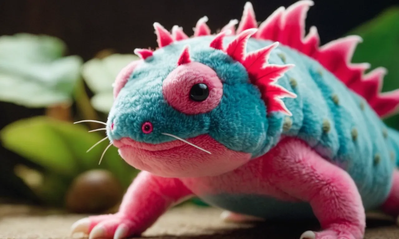 A close-up shot capturing the vibrant colors and intricate details of a plush axolotl stuffed animal, showcasing its realistic features and endearing expression, making it the best cuddly companion.