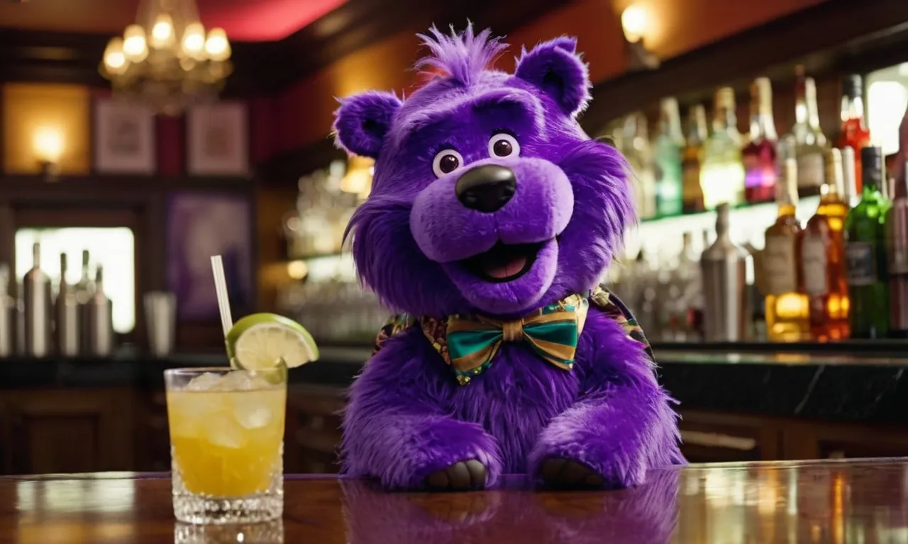 A close-up photo capturing the vibrant purple fur and friendly smile of a Barney stuffed animal, sitting proudly on a bar counter surrounded by colorful cocktail glasses.