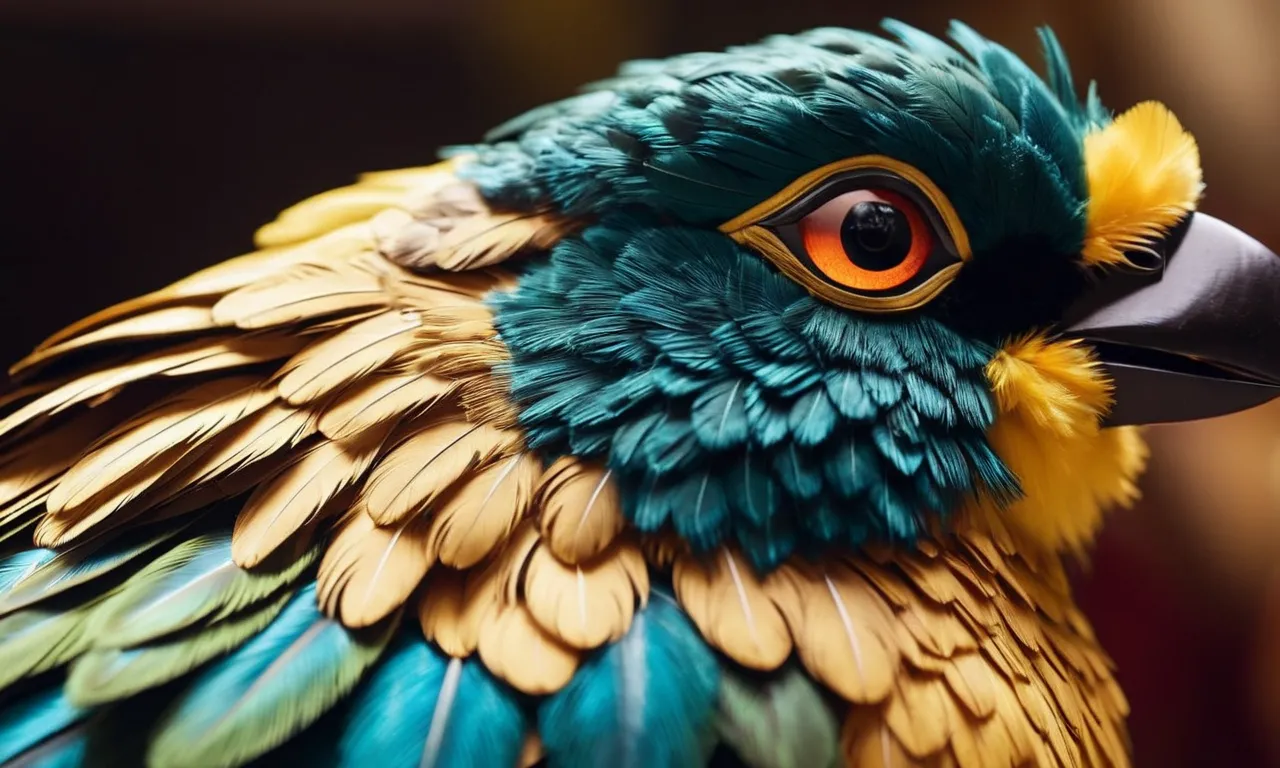 A close-up photo capturing the intricate details of a beautifully crafted bird stuffed animal, showcasing its vibrant feathers, lifelike eyes, and soft texture.