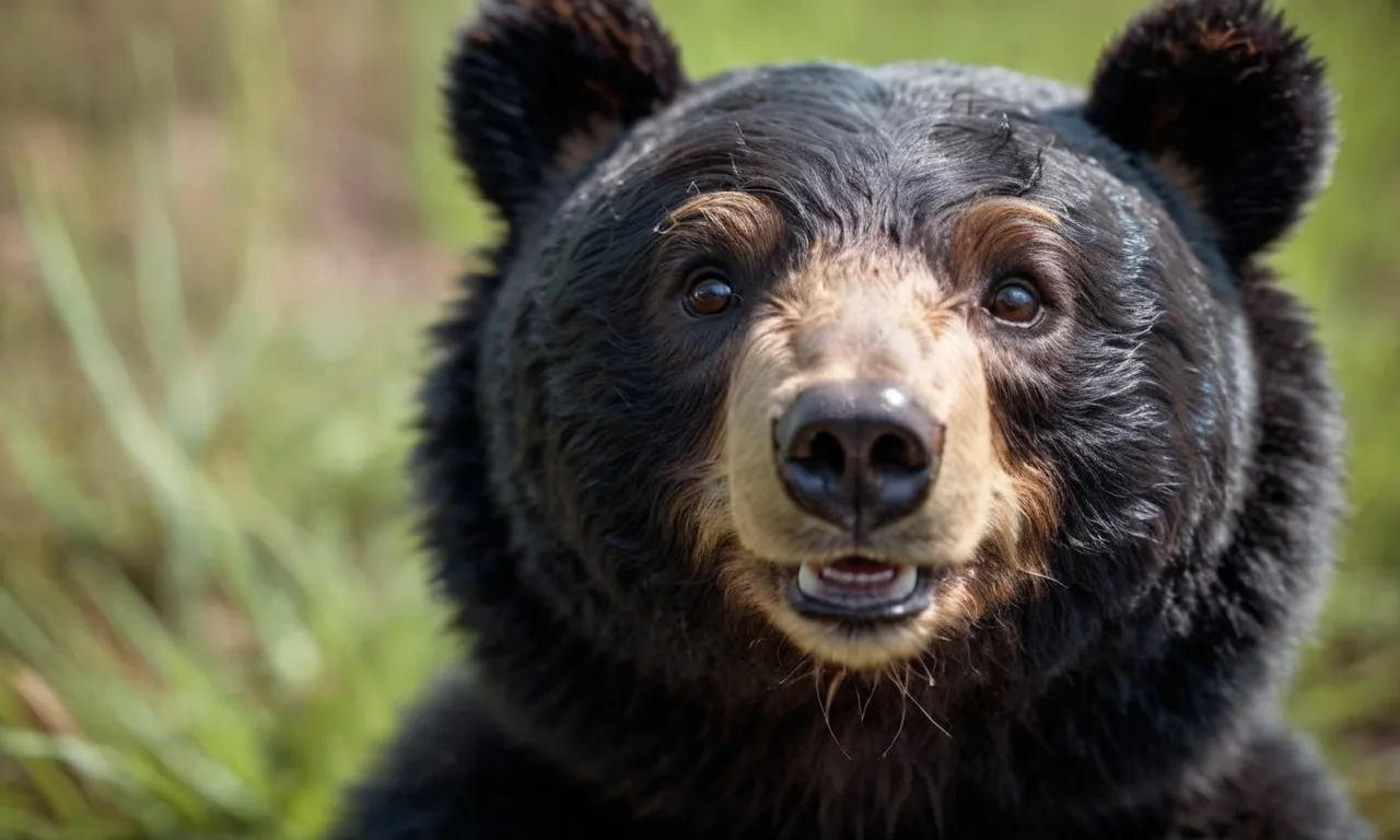 A close-up photograph capturing the intricate details of a lifelike black bear stuffed animal, showcasing its soft, plush fur, adorable facial features, and huggable size.