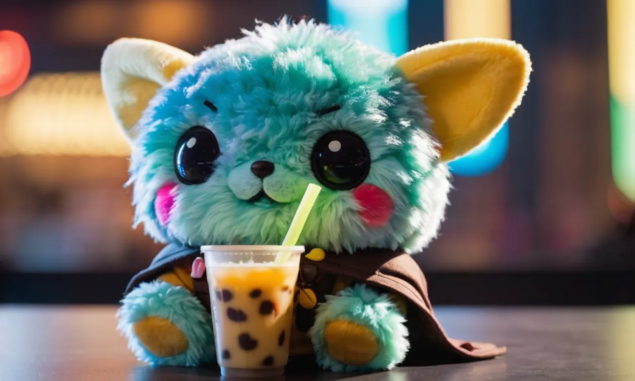 A close-up image capturing the colorful and adorable "Best Boba" stuffed animal, showcasing its fluffy exterior, cute facial expression, and the signature boba drink it holds.