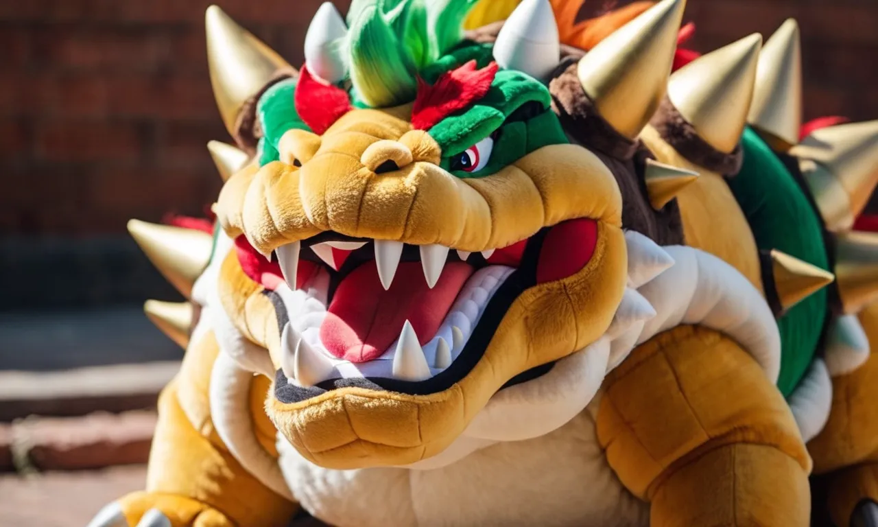 A close-up shot capturing the vibrant colors and intricate details of a high-quality Bowser stuffed animal, showcasing its fierce expression and sturdy build, perfect for any Nintendo fan.