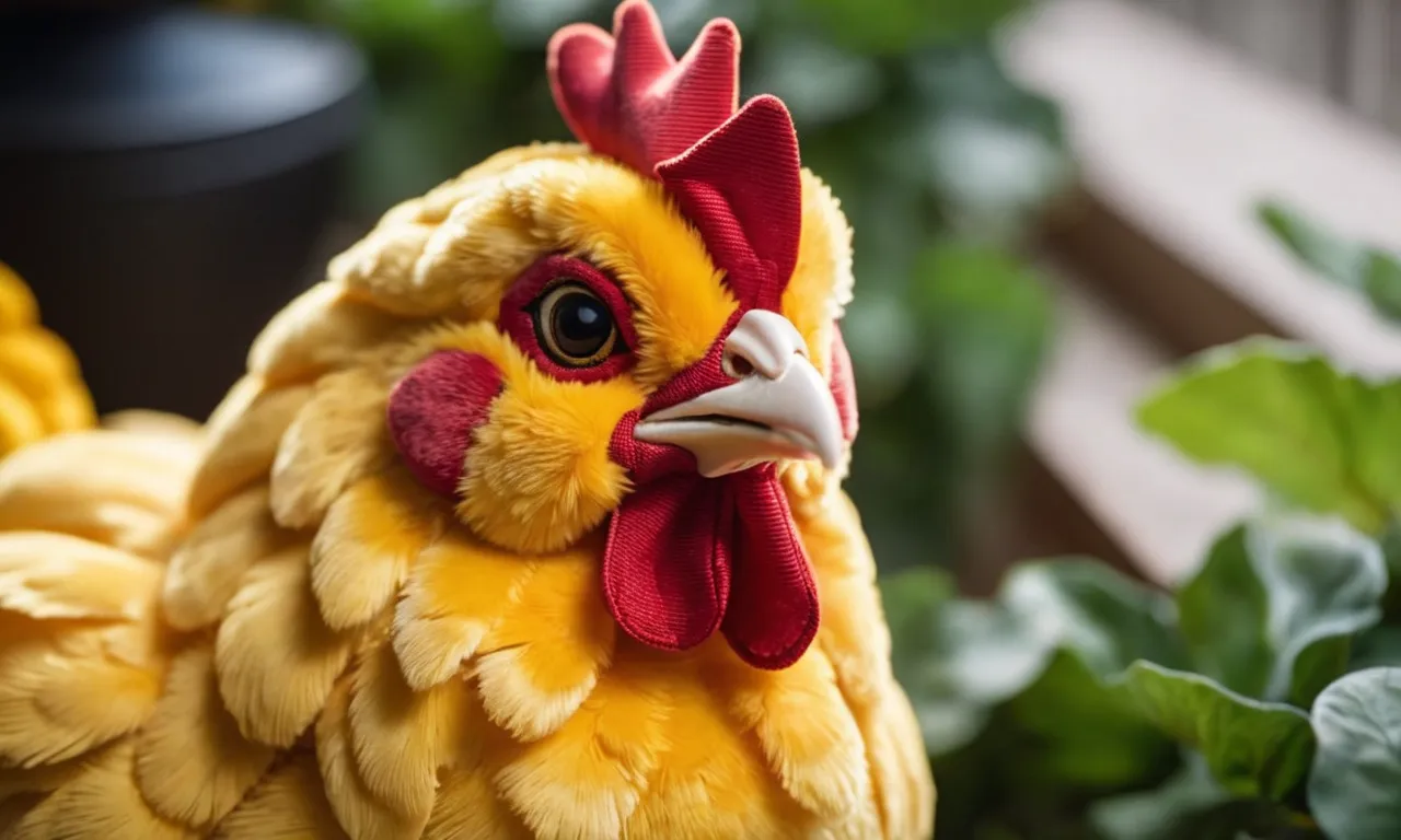 A close-up photo capturing the vibrant colors and intricate stitching of a plush chicken stuffed animal, showcasing its soft and cuddly texture, making it the epitome of the "best chicken stuffed animal."