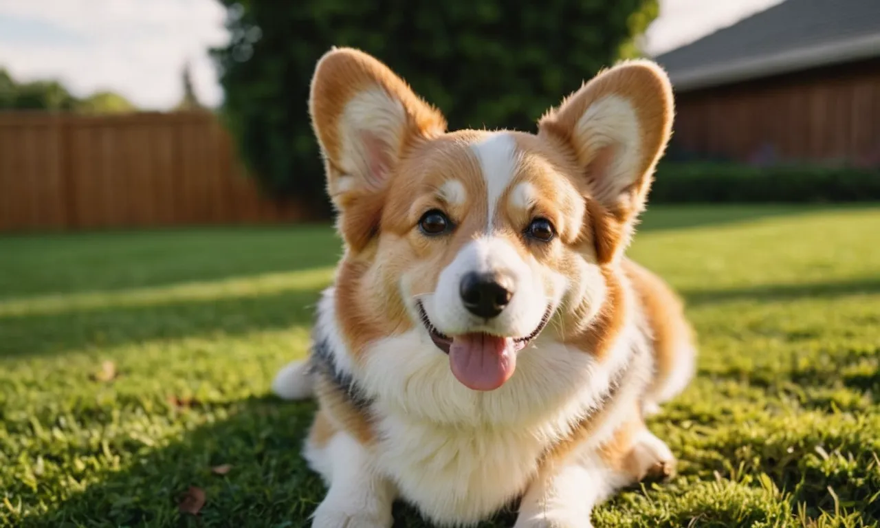 A close-up shot of a fluffy, adorable corgi stuffed animal resting on a well-manicured lawn, capturing its lifelike features and irresistible charm.