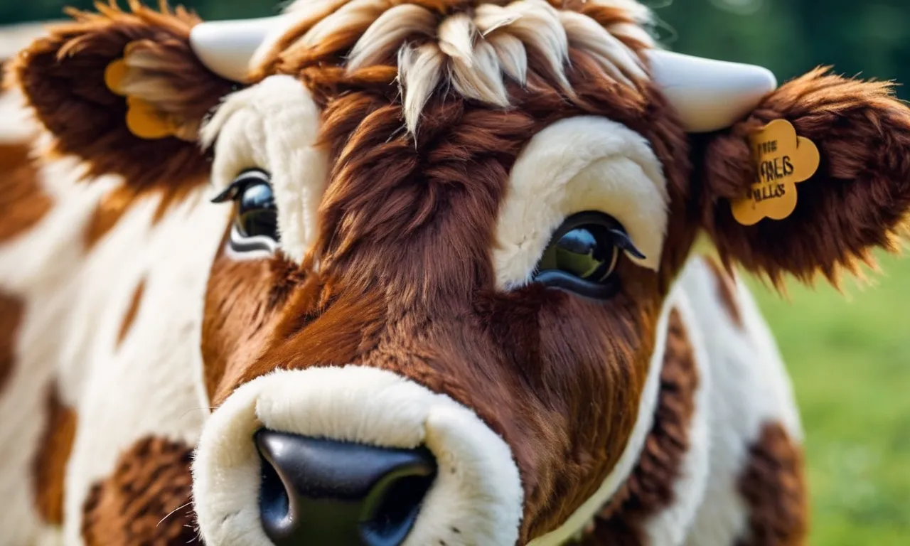 A close-up photo capturing the intricate details of a plush cow stuffed animal, showcasing its realistic features, soft fur, and adorable expression, making it the best cuddly companion.