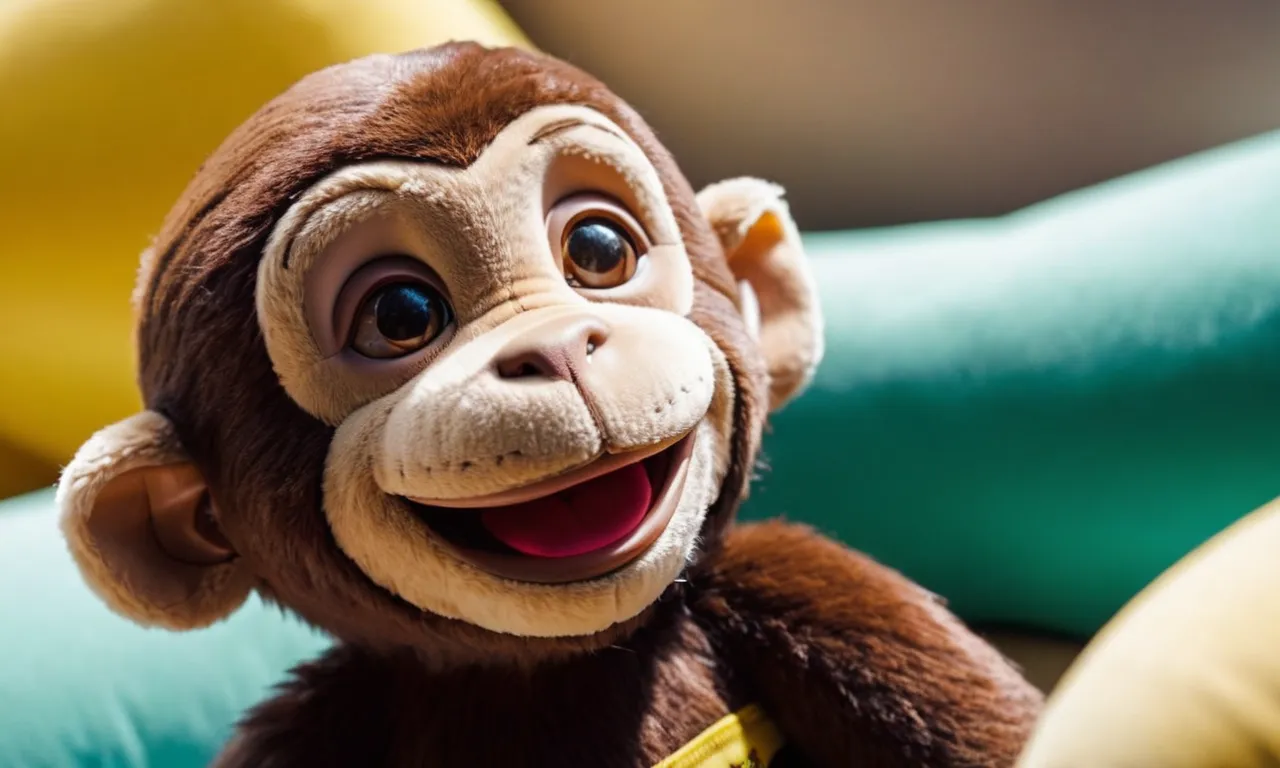 A close-up shot capturing the vibrant colors and intricate details of a cuddly Curious George stuffed animal, showcasing its playful expression and soft, huggable texture.