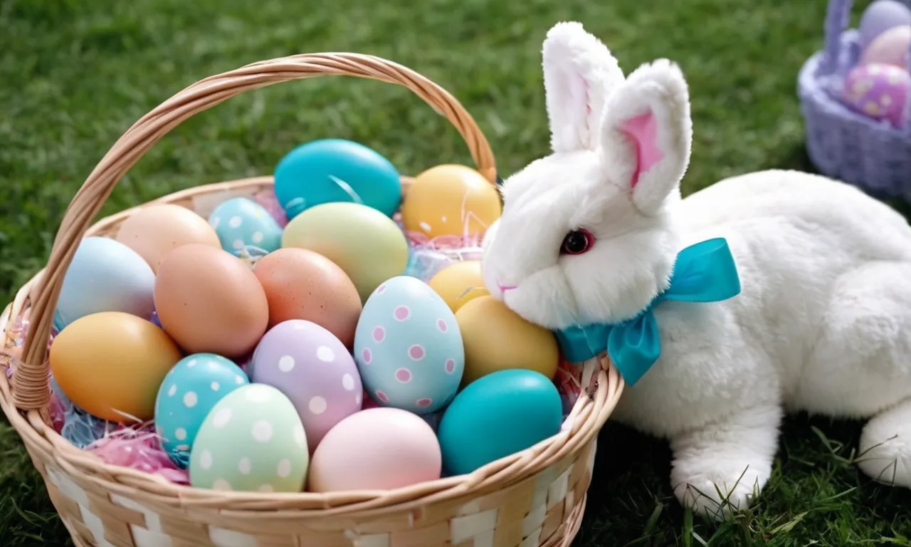 A close-up shot of a cuddly Easter bunny stuffed animal, adorned with vibrant pastel-colored ribbons and a charming basket filled with colorful eggs, capturing the essence of the best Easter bunny.
