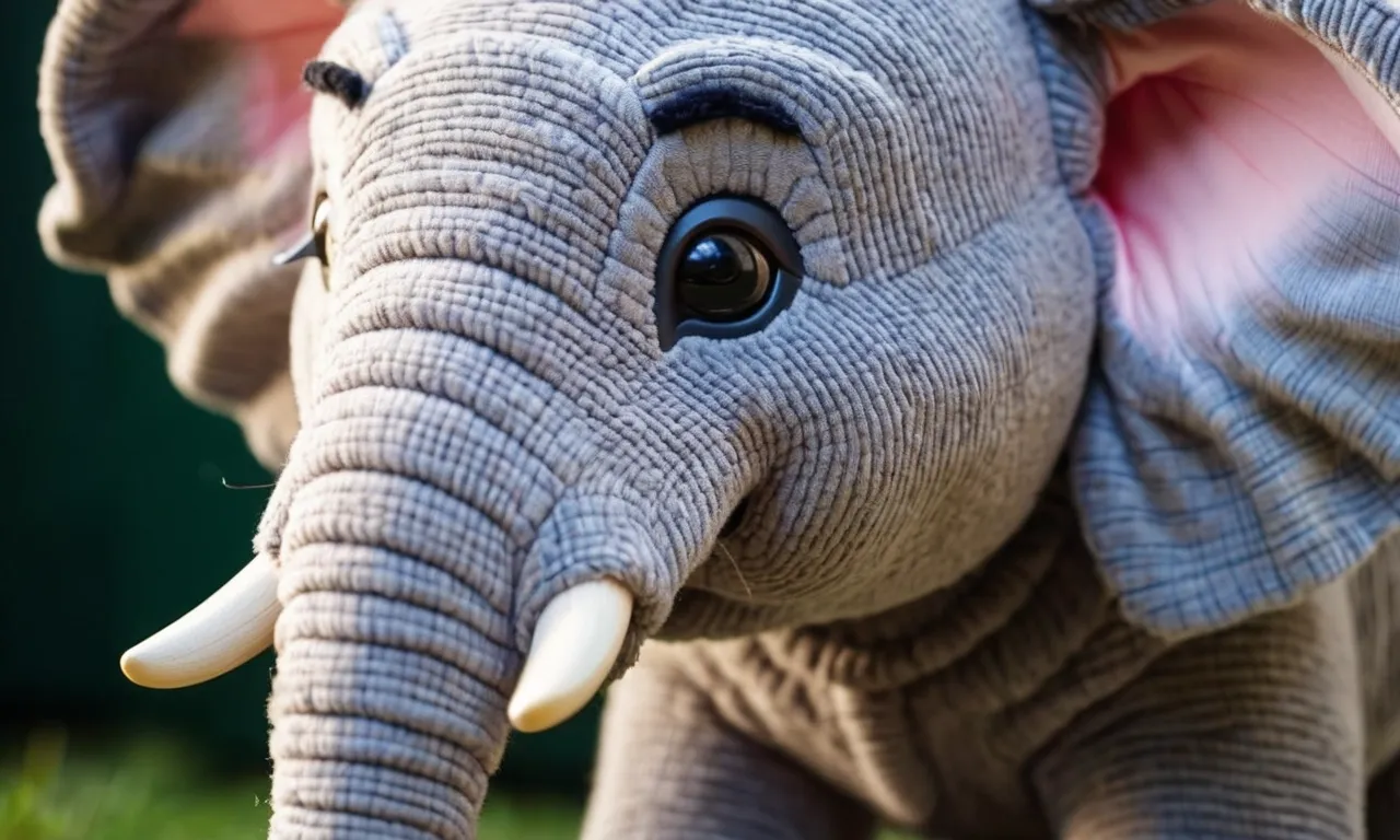 A close-up shot capturing the intricate details of a beautifully handcrafted elephant stuffed animal, showcasing its soft, plush fur, lifelike eyes, and adorable trunk, making it the best cuddly companion.