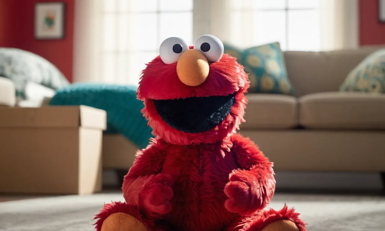 A close-up shot of a vibrant red Elmo stuffed animal, with its fuzzy texture and wide grin, capturing the essence of the beloved character.