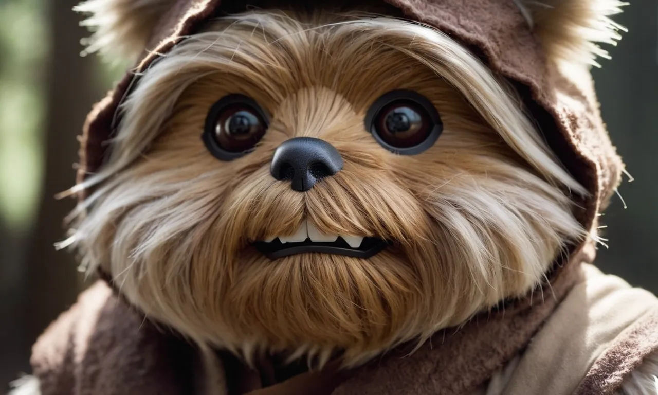 A close-up photograph capturing the endearing details of a meticulously crafted Ewok stuffed animal, showcasing its soft fur, lifelike eyes, and charming smile, making it the best companion for any Star Wars enthusiast.