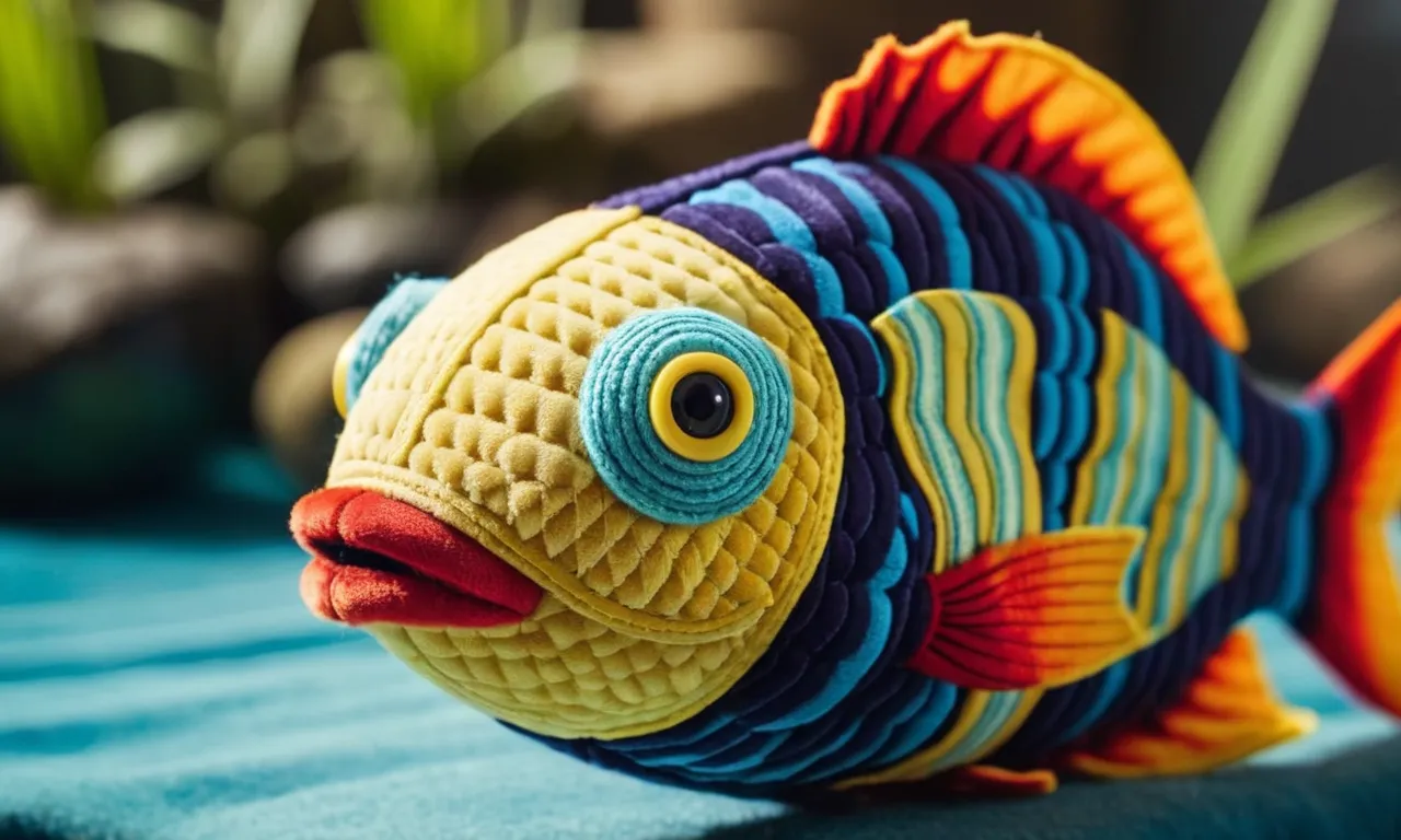 A close-up photograph capturing the intricate details of a beautifully handcrafted fish stuffed animal, showcasing its vibrant colors, soft texture, and adorable button eyes.