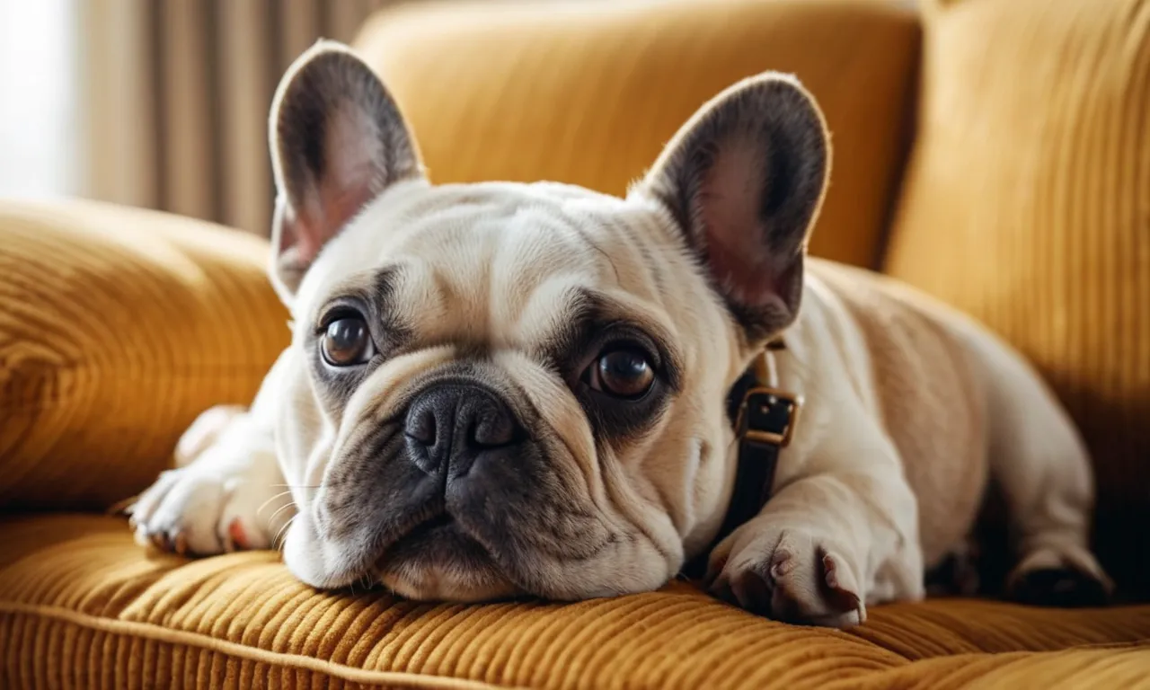 In the photo, a charming French Bulldog stuffed animal rests on a plush cushion, its expressive eyes and adorable wrinkled face capturing the essence of this beloved breed.