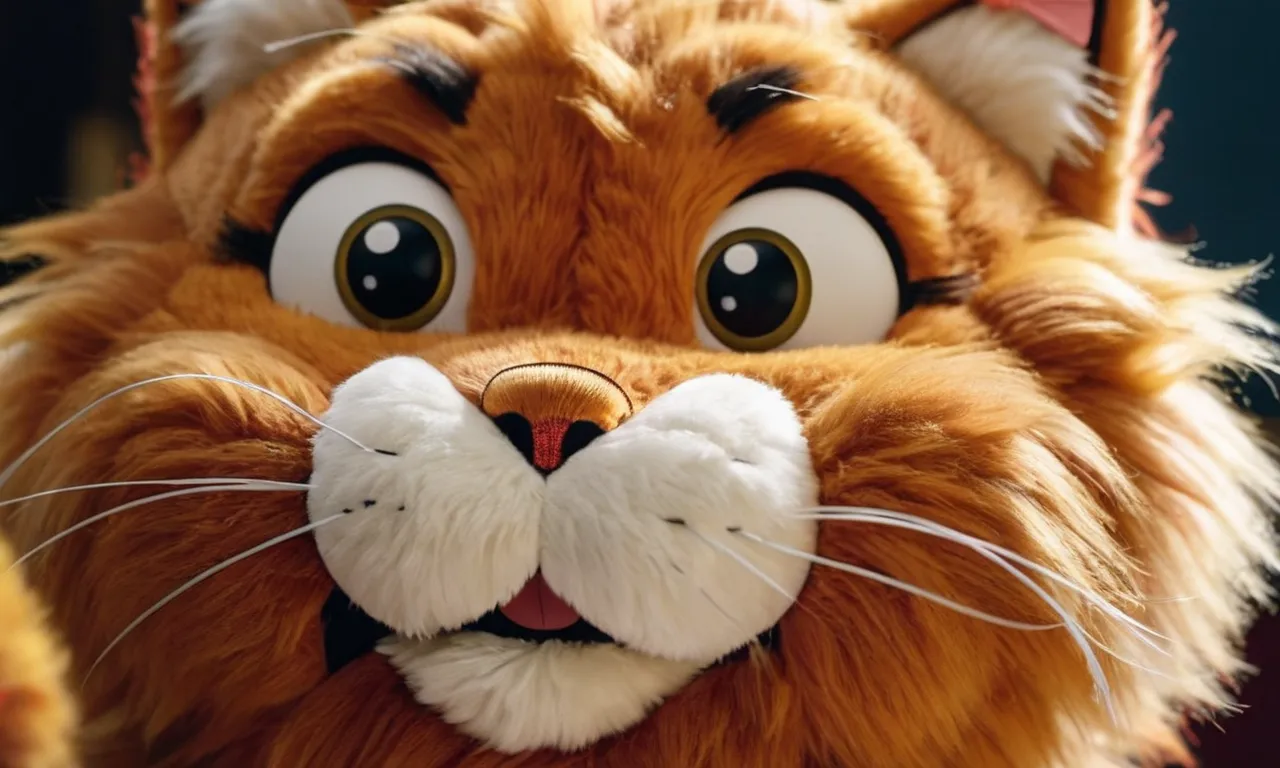 A close-up shot of a fluffy Garfield stuffed animal, showcasing its vibrant orange fur, mischievous smile, and perfectly embroidered details, making it the ultimate collectible for Garfield fans.