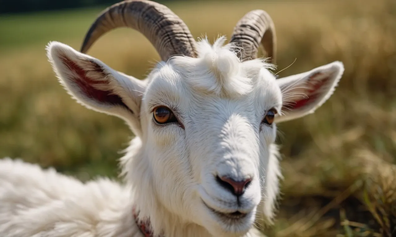 A close-up shot capturing the intricate details of a lifelike goat stuffed animal, showcasing its soft, fuzzy fur, expressive eyes, and perfectly crafted horns, exuding a sense of charm and playfulness.
