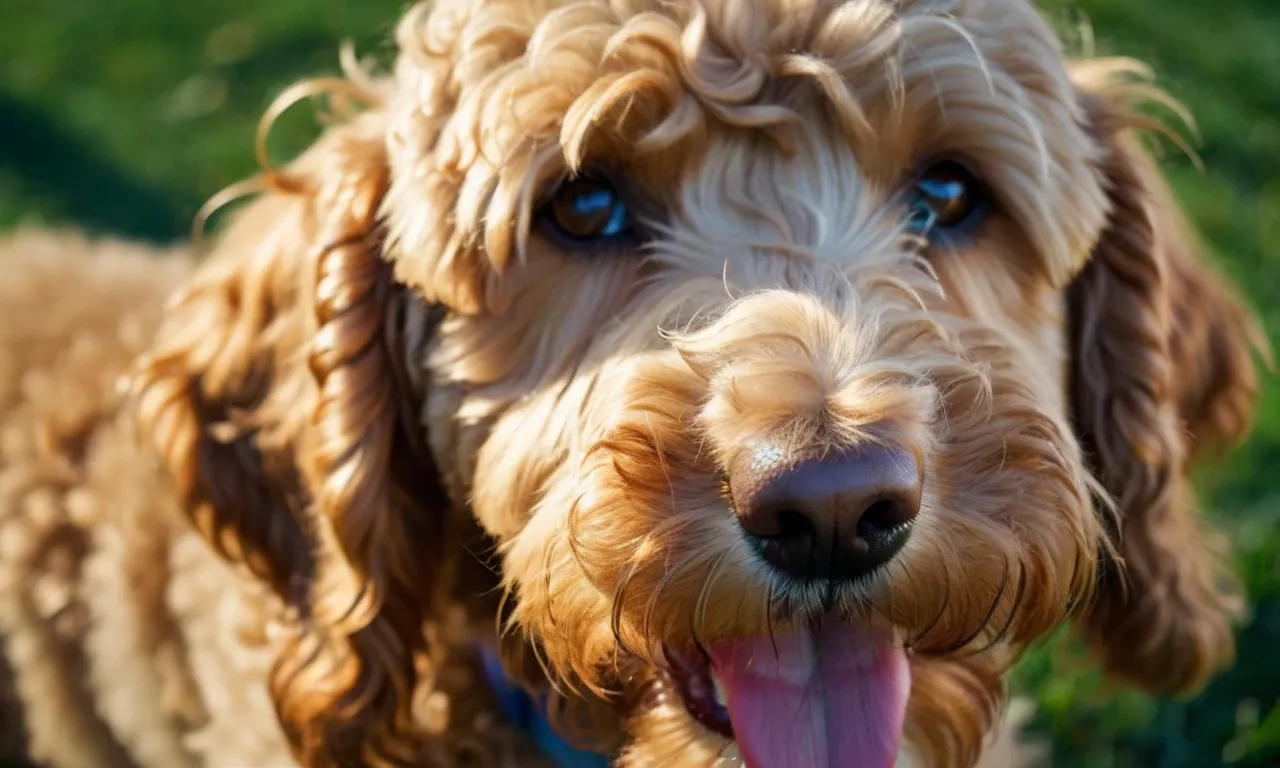 A close-up shot capturing the adorable face of a meticulously crafted goldendoodle stuffed animal, showcasing its soft golden fur, expressive eyes, and a playful smile, making it the best cuddly companion.