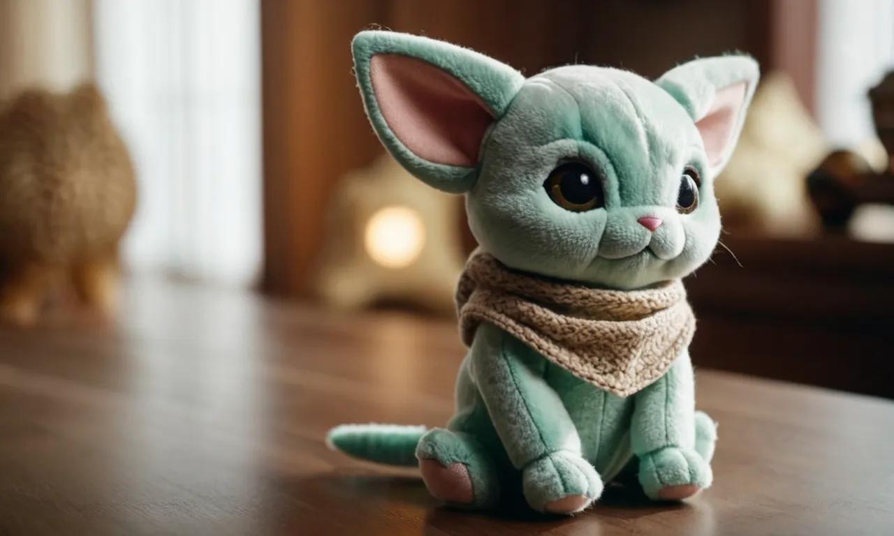 A close-up shot capturing the adorable charm of a meticulously crafted Grogu stuffed animal, showcasing its impeccable detailing and capturing the essence of the "best" in every stitch.