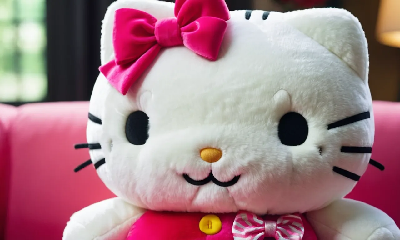 A close-up shot capturing the adorable details of a plush Hello Kitty stuffed animal, showcasing its vibrant pink bow, sweet smile, and perfectly stitched features.