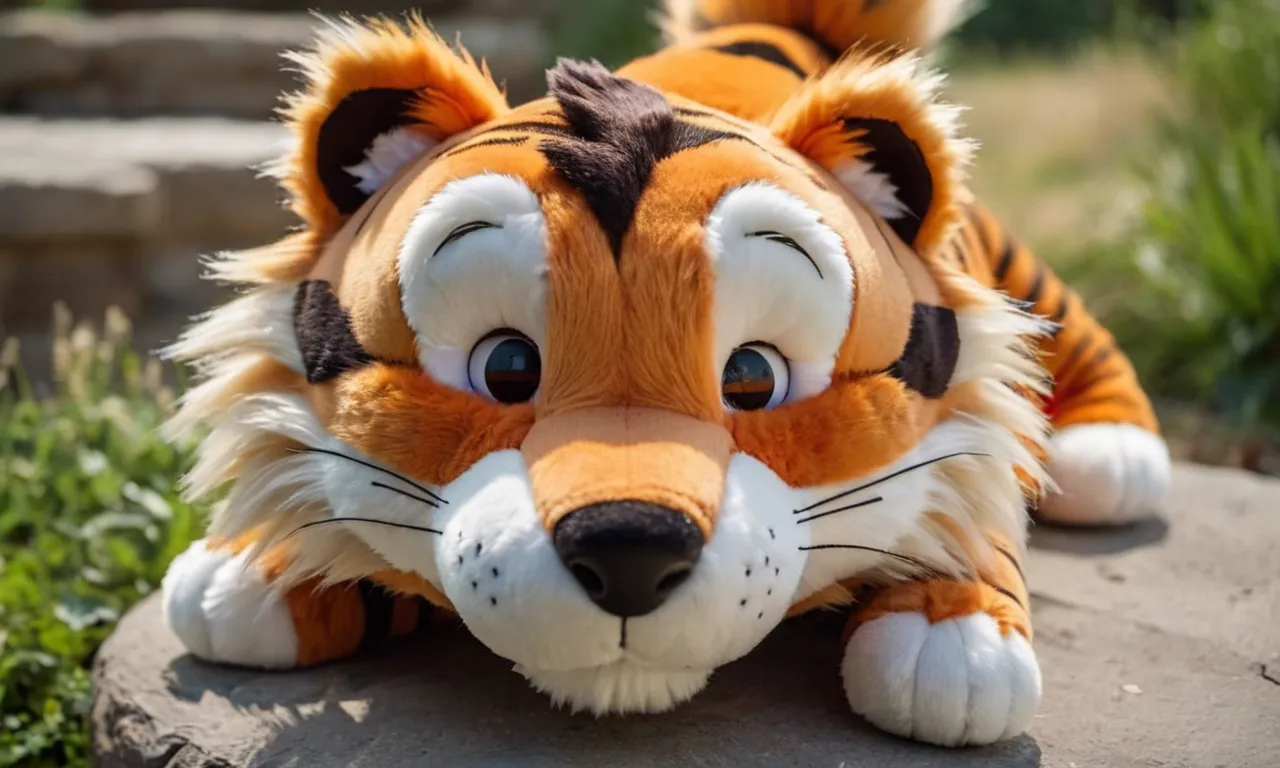 A close-up shot of a meticulously crafted Hobbes stuffed animal, showcasing its lifelike features, vibrant orange fur, and adorable expression, making it the best companion for any Calvin and Hobbes fan.