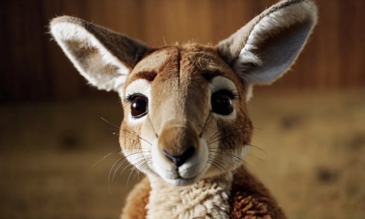 A close-up shot of a lifelike kangaroo stuffed animal, showcasing its soft fur, intricate details, and adorable face, making it the perfect choice for the best kangaroo stuffed animal.