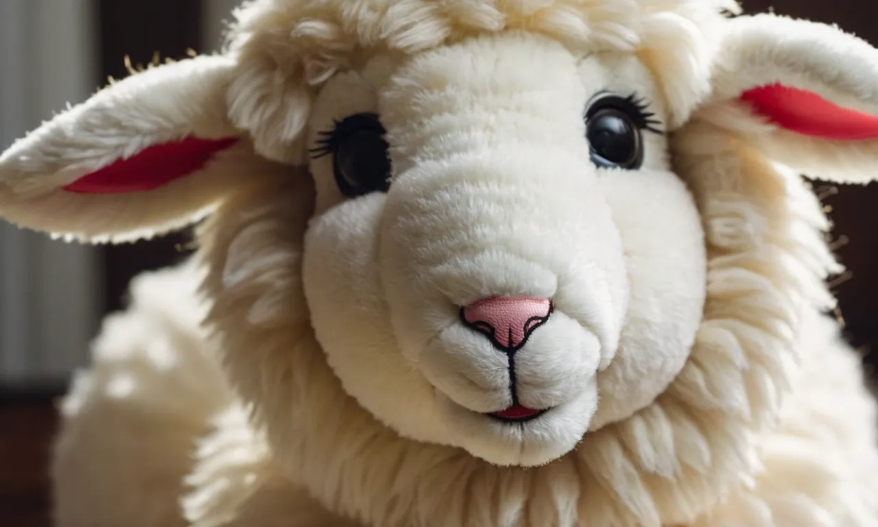 A close-up shot capturing the adorable details of a plush lamb stuffed animal, showcasing its soft, fluffy fur, sweet expression, and perfect craftsmanship.