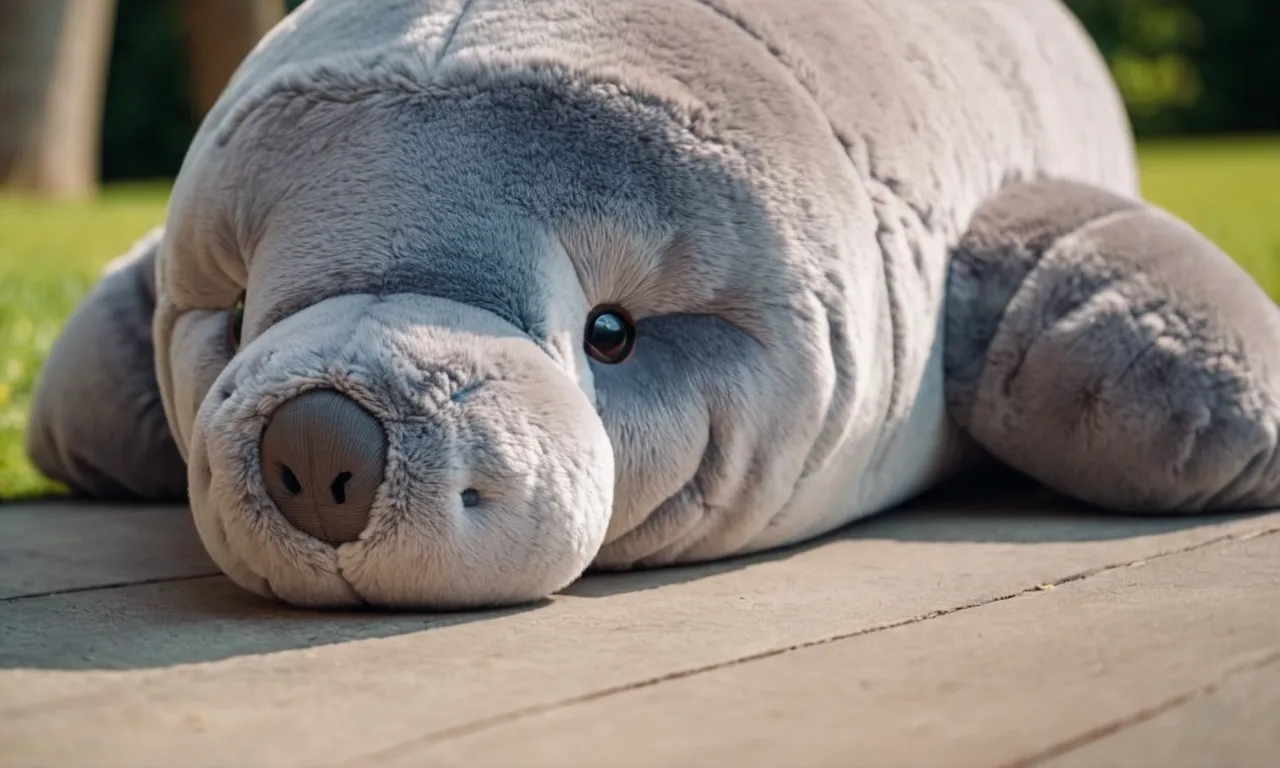 A close-up photograph capturing the adorable details of a plush manatee stuffed animal, with its soft, huggable texture and endearing expression, making it the perfect companion for any manatee lover.