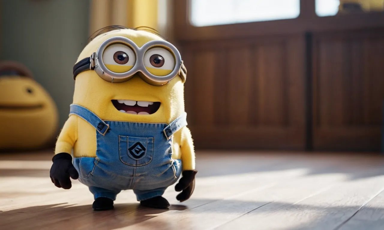 A close-up shot of a cute, cuddly minion stuffed animal, featuring vibrant yellow and blue colors, with its large, expressive eyes and mischievous grin, capturing the essence of the best minion toy.
