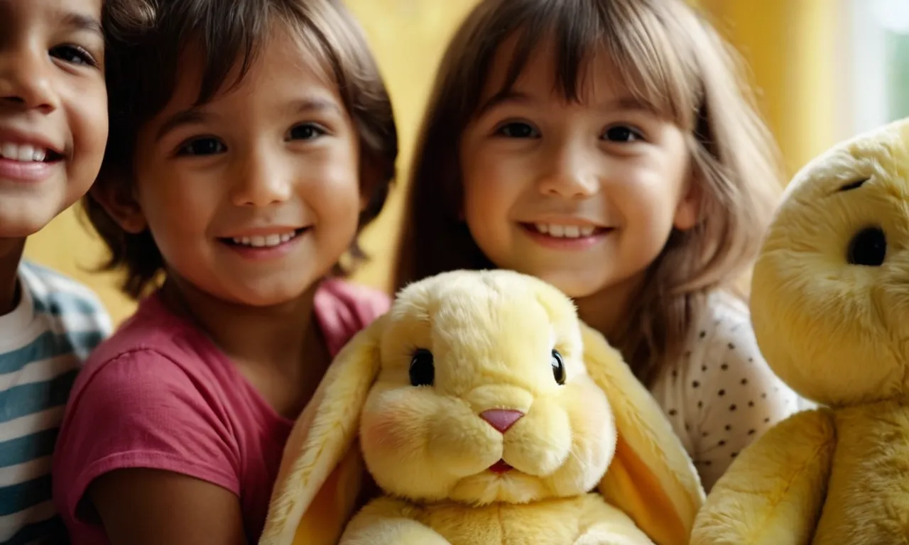 A close-up shot of a fluffy yellow stuffed bunny, surrounded by a group of adorable children, their faces beaming with joy as they cuddle their "best peeps" stuffed animals.