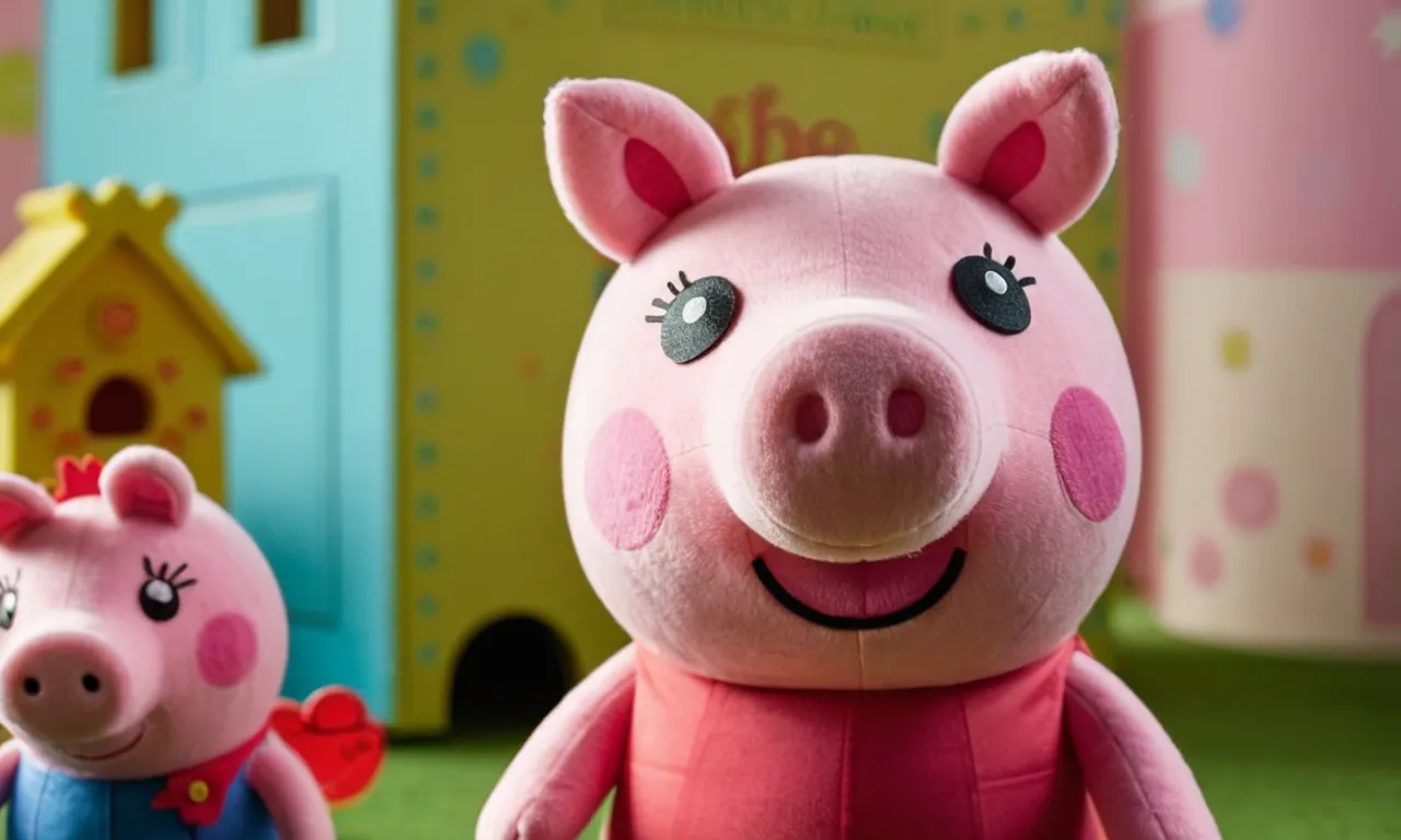 A close-up photograph capturing the adorable Peppa Pig stuffed animal, showcasing its impeccable craftsmanship, vibrant colors, and soft texture, making it the perfect companion for any Peppa Pig fan.