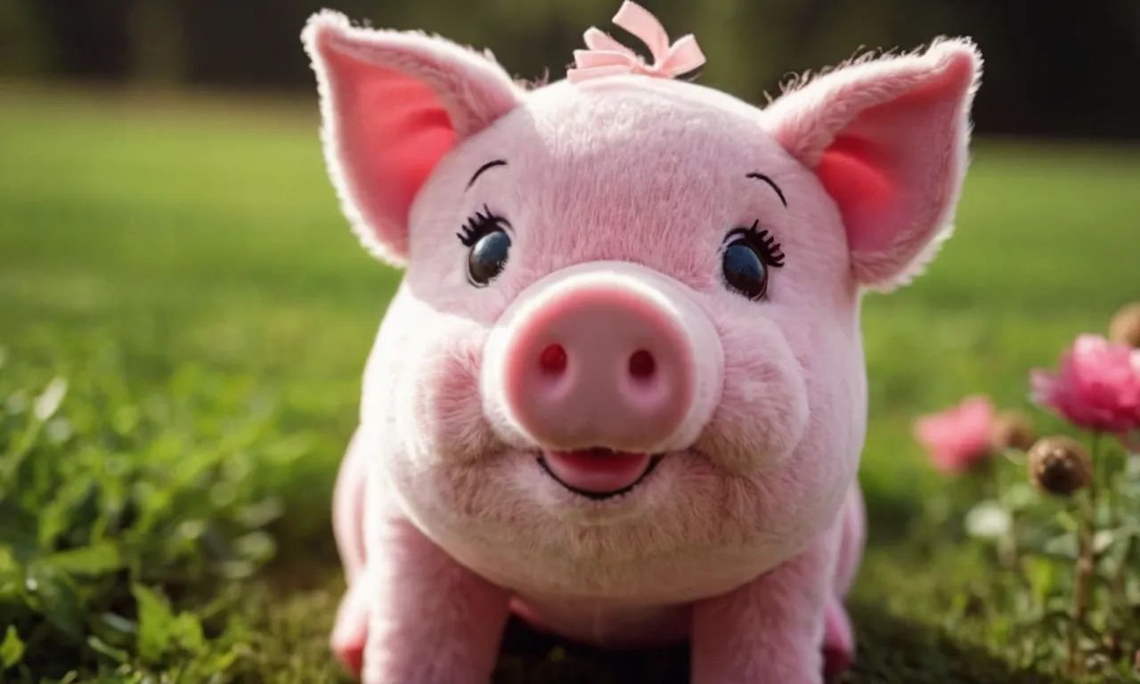 A close-up shot capturing the adorable pink pig stuffed animal, with its soft and fluffy fur, endearing button eyes, and a charming smile, making it the perfect companion for anyone young at heart.
