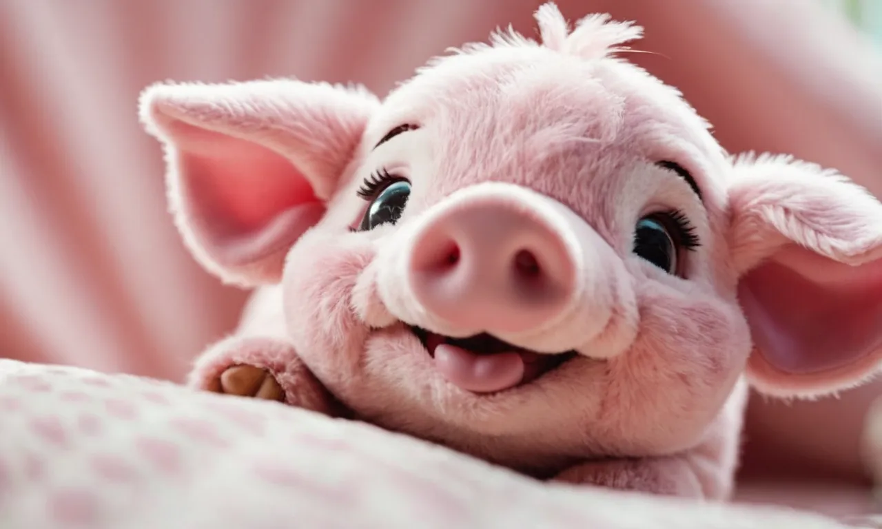 A close-up shot of a cuddly piglet stuffed animal, showcasing its soft pink fur, adorable button eyes, and a sweet smile, making it the perfect companion for piglet lovers of all ages.