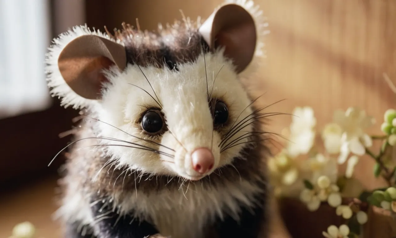 A close-up photo showcasing the intricate details of a lifelike possum stuffed animal, capturing its soft, realistic fur, adorable face, and perfectly positioned paws.