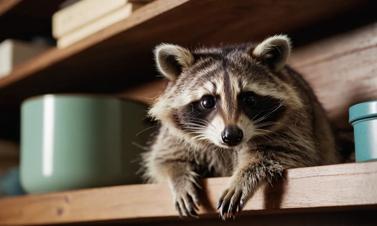 A close-up shot capturing the adorable raccoon stuffed animal perched on a wooden shelf, its beady eyes and fuzzy fur exuding charm and making it the perfect companion for any raccoon lover.