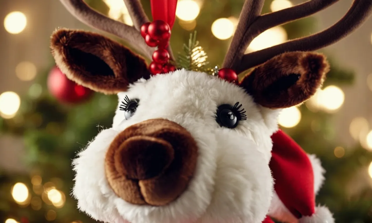 A close-up shot capturing the intricate details of a beautifully crafted reindeer stuffed animal, its soft fur and loving expression making it the best companion for the holiday season.