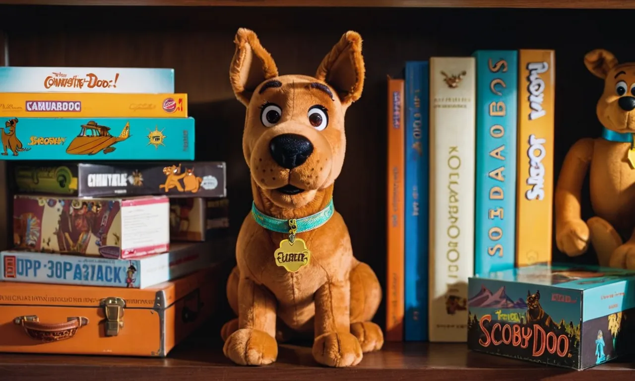 A close-up shot captures a beloved Scooby-Doo stuffed animal, with its floppy ears and endearing expression, sitting proudly on a shelf surrounded by other Scooby-Doo memorabilia.