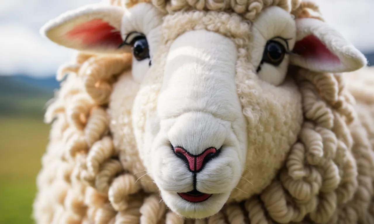 A close-up photograph capturing the intricate details of a soft and fluffy sheep stuffed animal, showcasing its lifelike features and irresistibly cute expression.