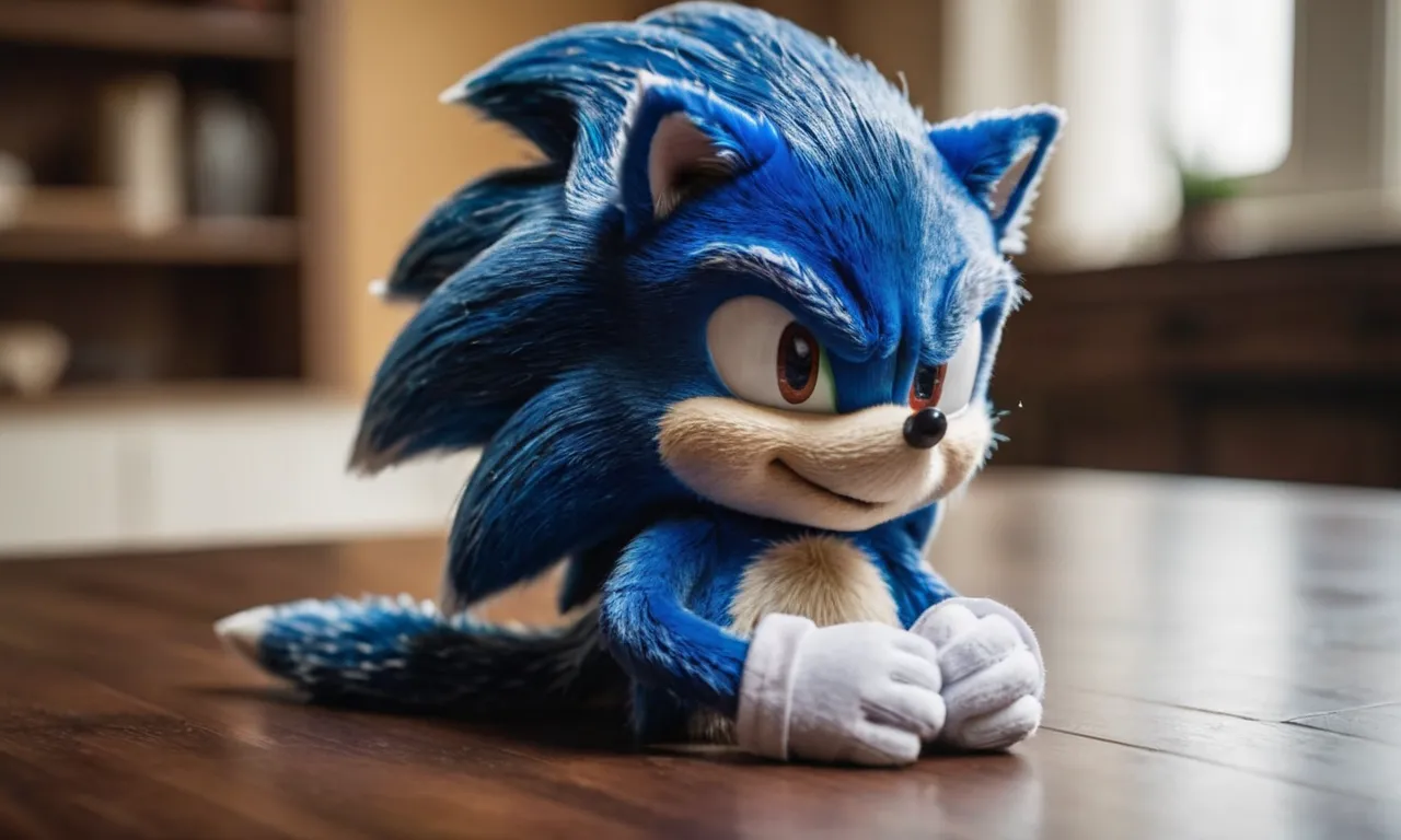 A close-up shot capturing the vibrant colors and intricate detailing of a high-quality Sonic the Hedgehog stuffed animal, showcasing its undeniable resemblance to the iconic video game character.