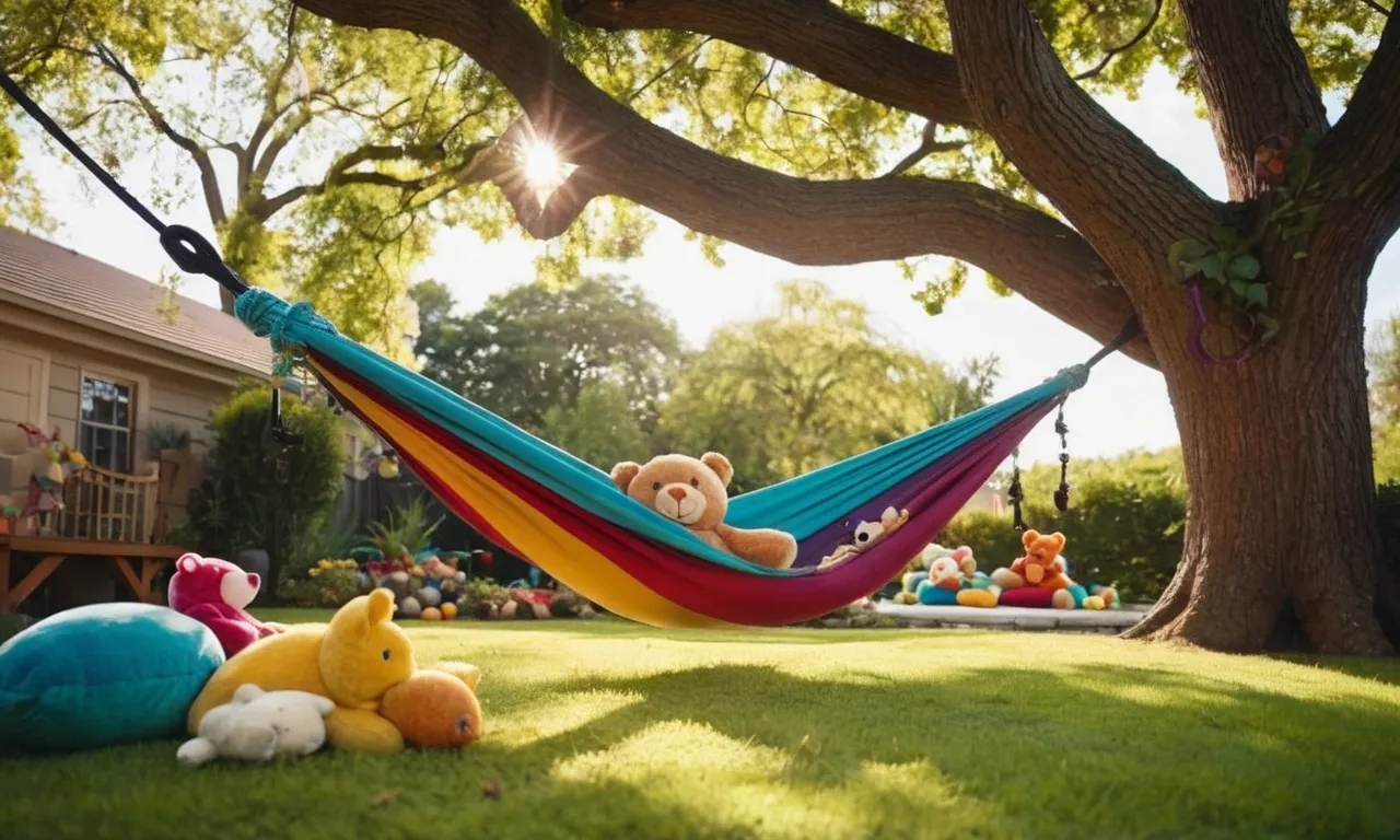 A whimsical photograph capturing a colorful stuffed animal hammock suspended between two trees, adorned with cuddly toys of various sizes, creating a delightful display of cherished playthings.