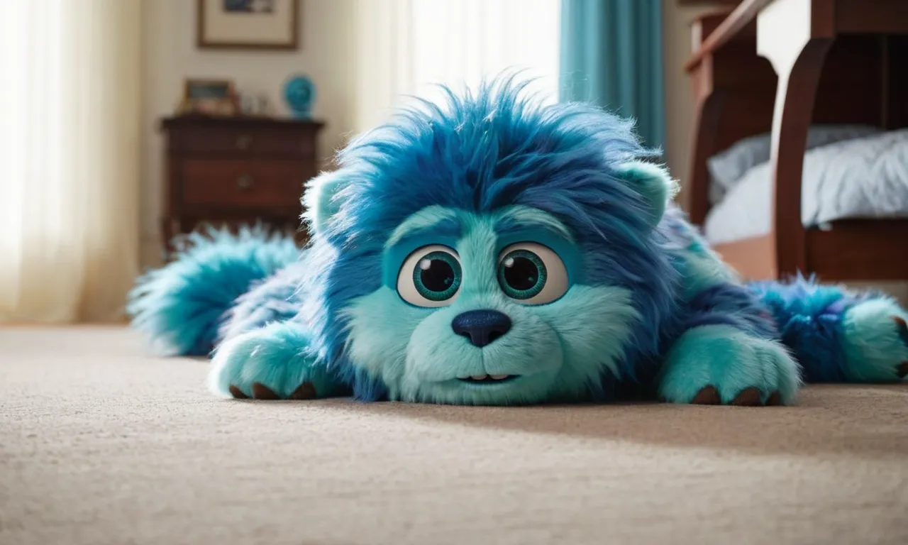 A close-up shot showcasing a perfectly crafted Sully stuffed animal with intricate details, capturing its vibrant blue fur, expressive eyes, and huggable size, making it the best companion for any Monsters, Inc. fan.