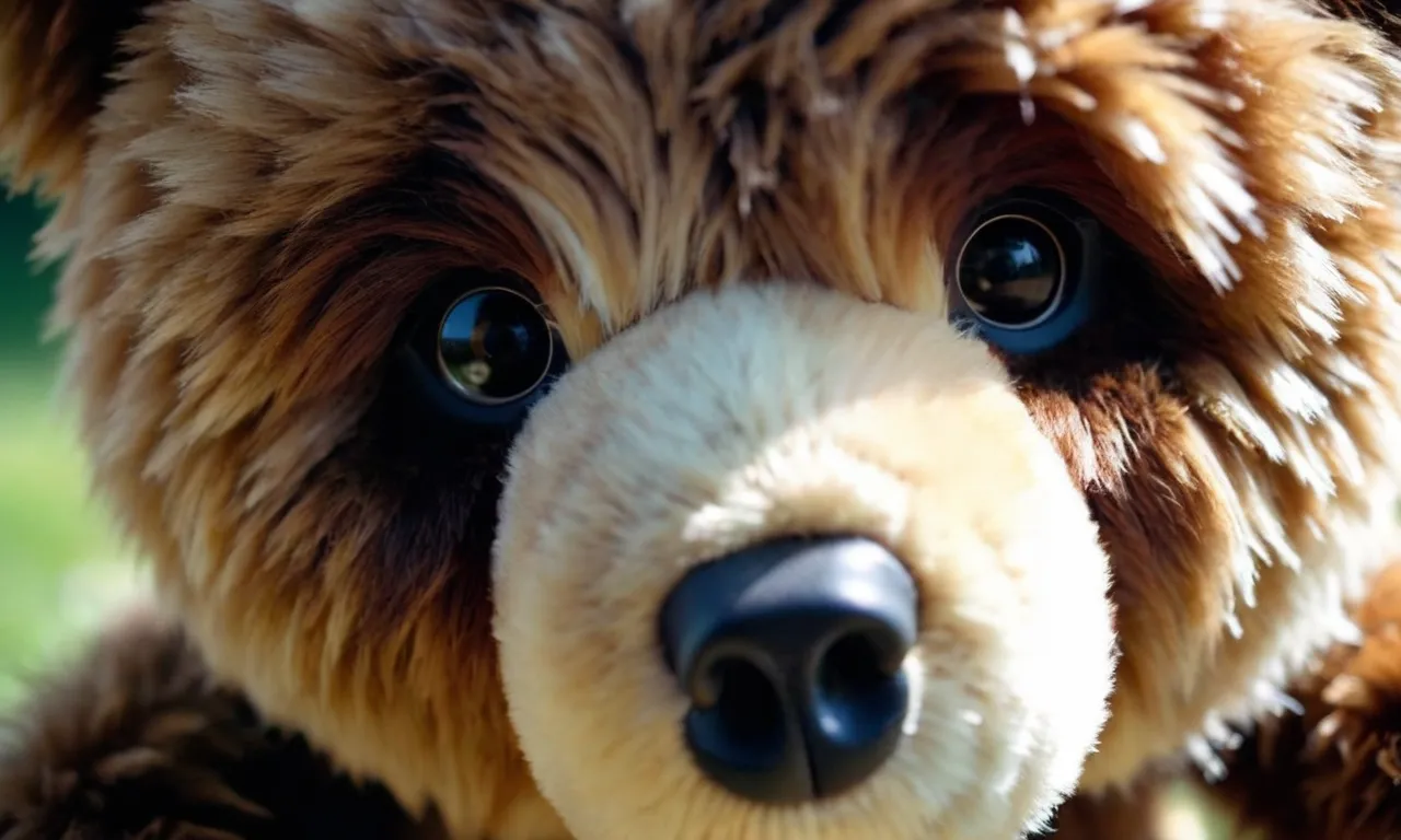 A close-up shot capturing the adorable face of a plush teddy bear, perfectly stitched and cuddly, with its soft fur inviting warm hugs and promising to be the best companion.