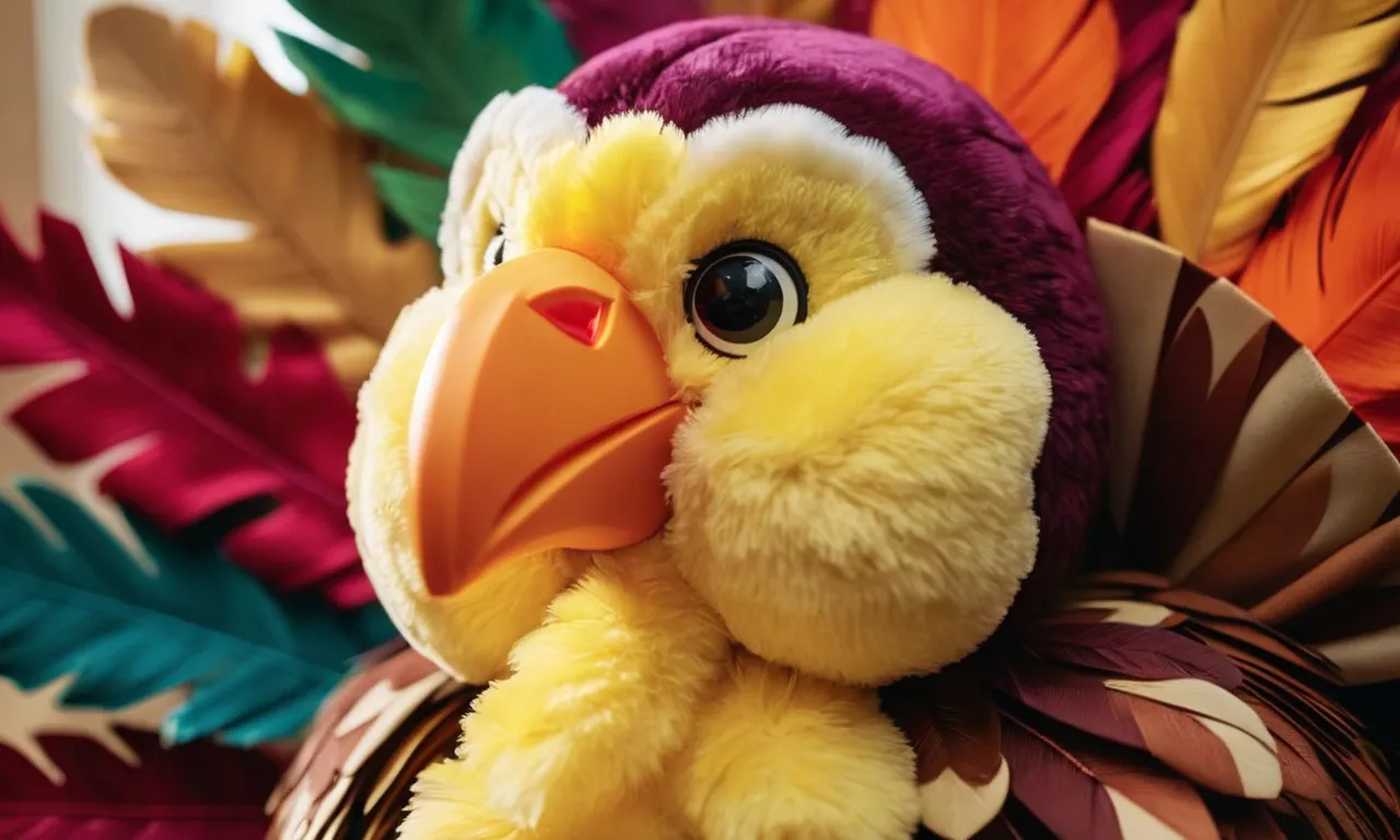 A close-up shot capturing the intricate details of a plush turkey stuffed animal, showcasing its vibrant feathers, adorable expression, and huggable softness.