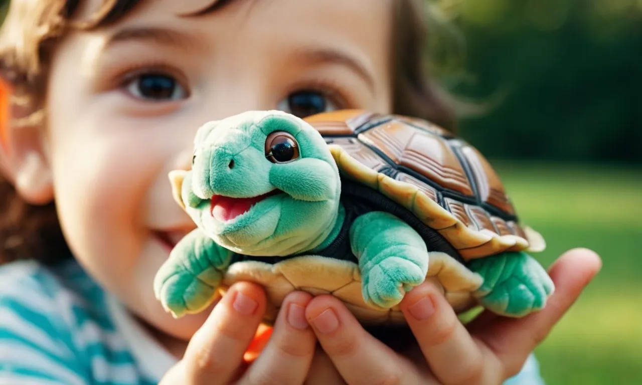 A close-up shot of a child holding a soft, plush turtle stuffed animal, with a bright smile on their face and their eyes filled with pure joy and wonder.