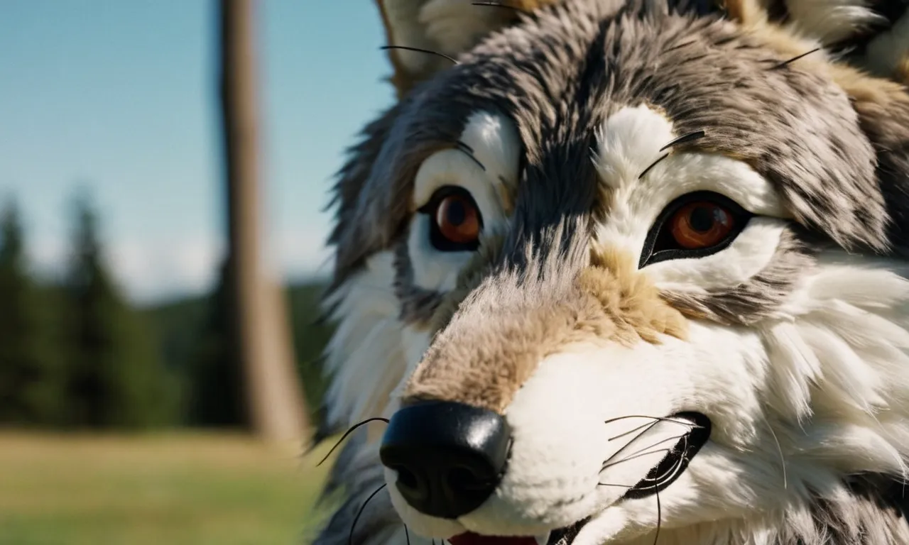 A close-up shot capturing the exquisite details of a lifelike, plush wolf stuffed animal, with its piercing eyes, realistic fur, and regal pose, making it the ultimate portrayal of the "best wolf stuffed animal."