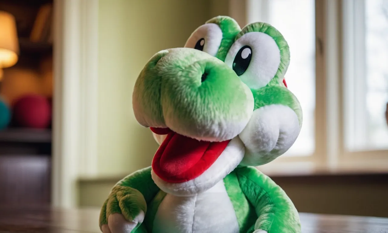 A close-up photo capturing the vibrant colors and intricate stitching of a high-quality Yoshi stuffed animal, showcasing its adorable expression and plush texture.