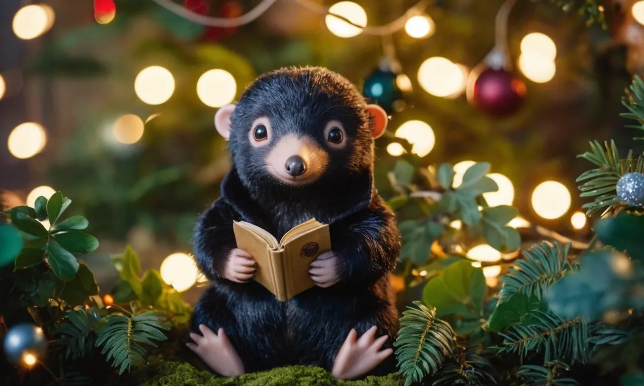 A whimsical photo capturing a Niffler stuffed animal amidst a magical forest, surrounded by vibrant foliage and sparkling fairy lights, inviting viewers into the enchanting world of "Fantastic Beasts and Where to Find Them."