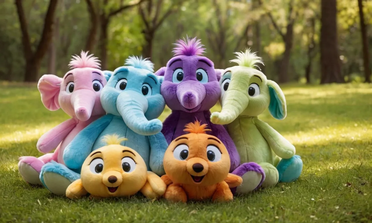 A whimsical photo captures a colorful bunch of Horton Hears a Who stuffed animals huddled together, their button eyes twinkling with joy and their floppy ears playfully drooping, creating a heartwarming scene.