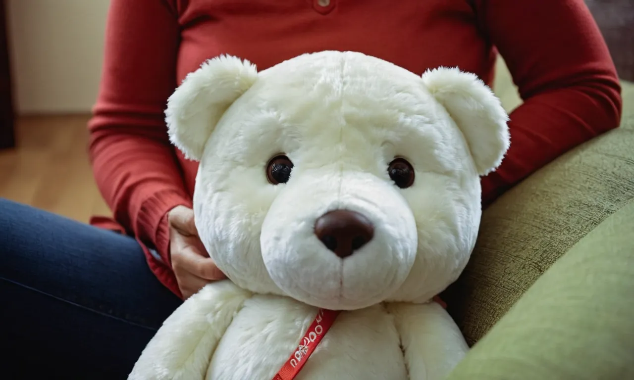 A close-up photo capturing a weighted stuffed animal, its comforting weight resting on a person's lap, their calm expression reflecting the anxiety-relieving benefits it provides.