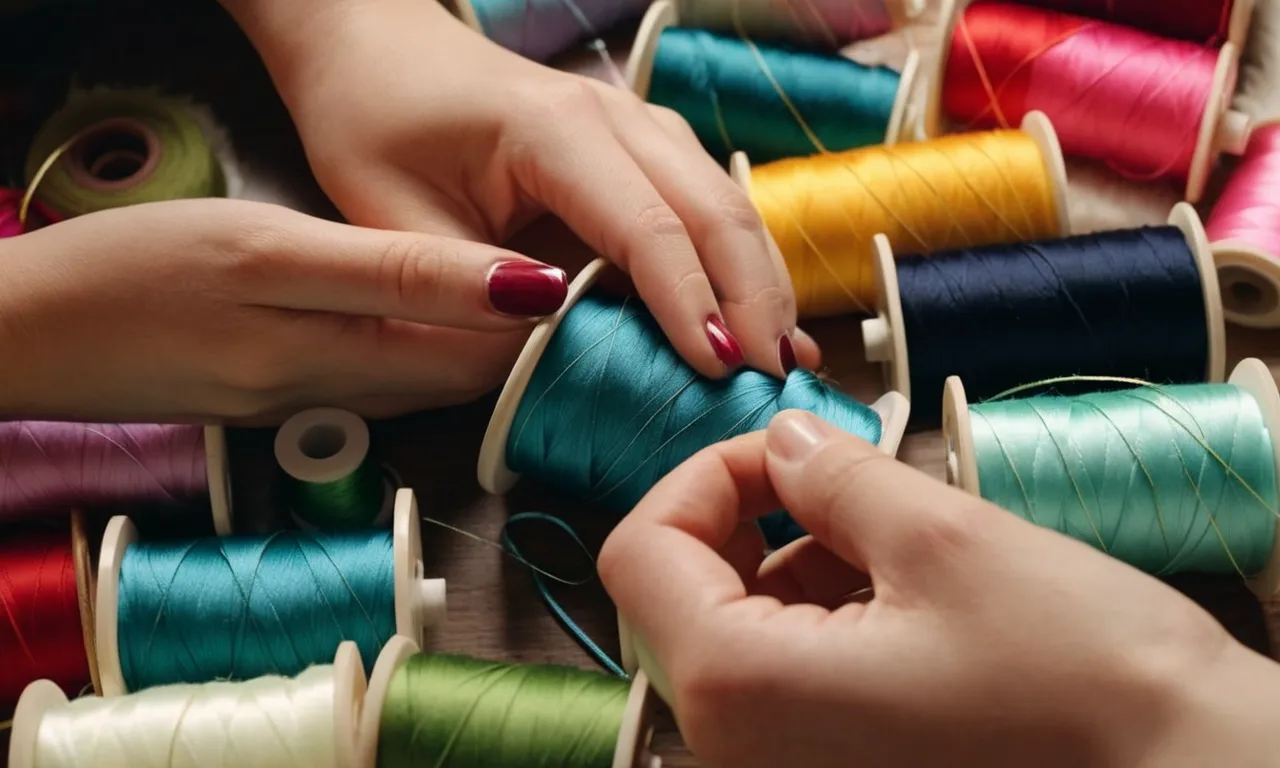 A close-up shot of skilled hands meticulously sewing together soft fabric, creating a charming stuffed animal, surrounded by colorful spools of thread and a scattering of fluffy stuffing.