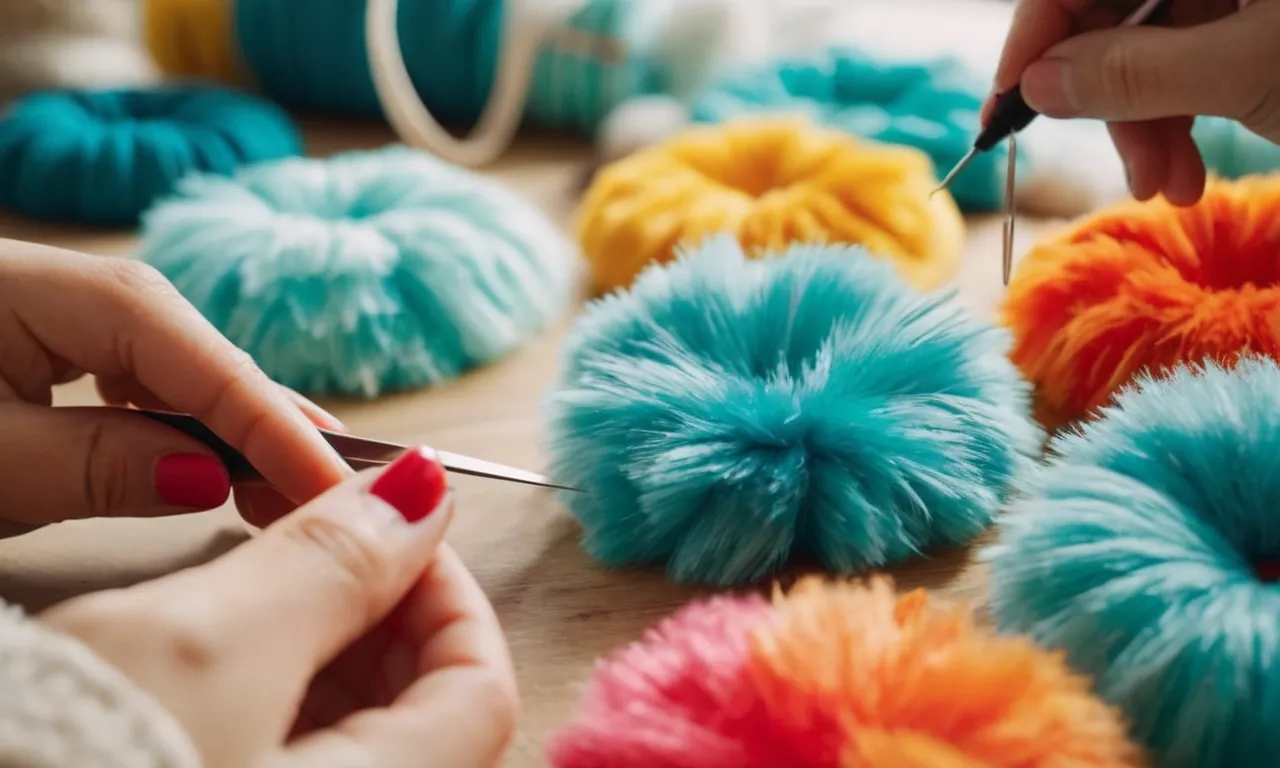 A close-up photo capturing skilled hands meticulously stitching fabric pieces together, filling them with soft stuffing, bringing to life a cute, fluffy stuffed animal in a bright and vibrant workshop.