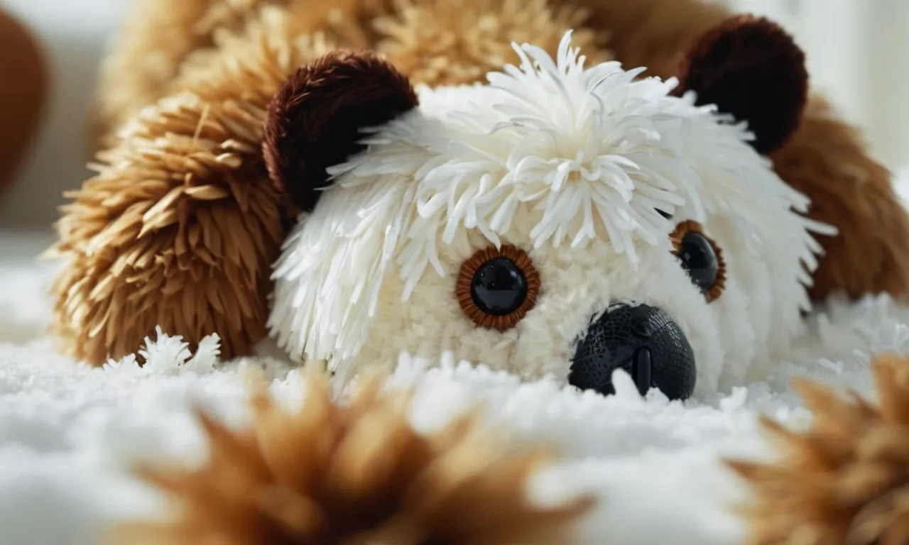 A close-up shot capturing the intricate details of a well-loved stuffed animal lying on a pristine white surface, highlighting the question of how long germs can survive on its fuzzy exterior.