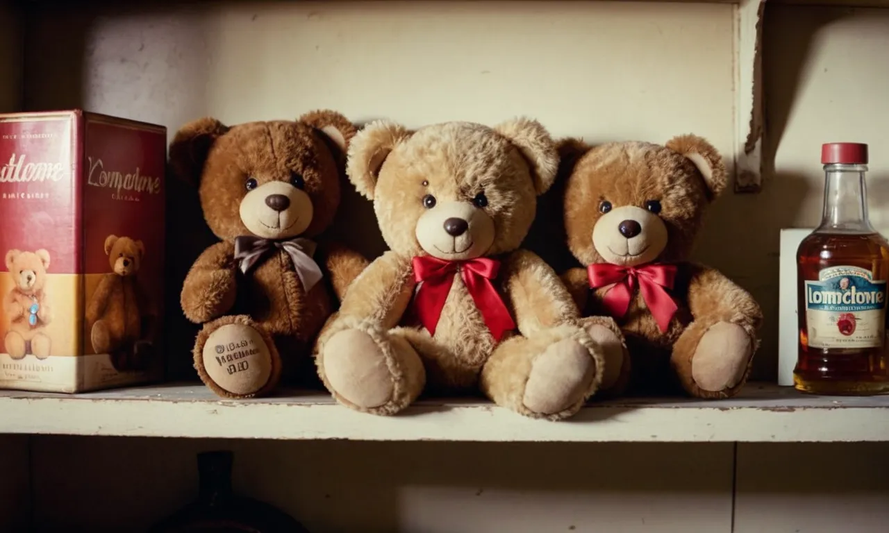 A faded teddy bear, missing an eye, sits atop a dusty shelf in a dimly lit room. Surrounding it are worn-out companions, each telling stories of love and childhood memories.